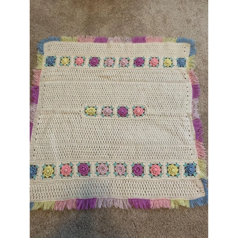 Hand Crocheted Floral Afghan, Vintage Style Lap Blanket
